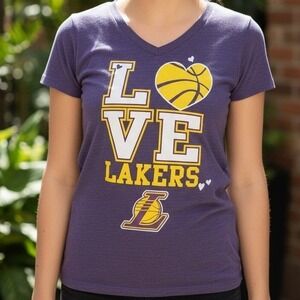 Los Angeles Lakers Love Basketball V Neck T Shirt Womens Purple